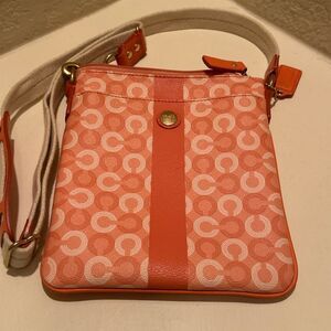 Coach Mini Messenger Crossbody Bag Purse Coral Cream Signature Logo Print